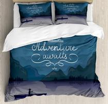 Adventure Duvet Cover Camping Equipment Sleeping Bag Boots Campfire Shovel Hatchet Log Art Print Decorative White Khaki Adults 135x200cm 2pcs