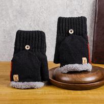 Vyriškos pirštinės be pirštų dviračiams: Aksomu pamušta, megzta vilna žiemai šilumai ir apsaugai nuo šalčio [Premium Deer Logo Thickening] juoda
