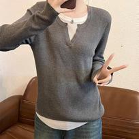 Pure lust style blue lazy knitted bottoming shirt for women spring and autumn new fake two-piece splicing loose and slim inner top One Size