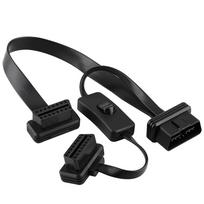 16 kontaktų kištukinis ir dvigubas OBD2 skirstytuvo plokščias ilgintuvo kabelio adapteris su jungikliu black