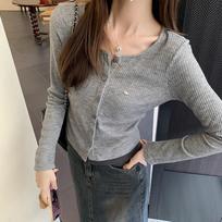 Fake two-piece color-blocked long-sleeved sweater for women in autumn new pleated waist inner layered sweet and spicy short top S