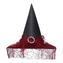 Halloween Witch Hat Lace Spider Web Decor Large Brim Pointed Wizard Sorceress Cosplay Haunted House Carnival Party Costume Cap H raudona