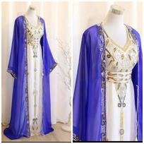 Dress Islamic Stylish Long Moroccan Dubai Farasha Kaftan Gown Abaya Hand Work XS balta/tamsiai mėlyna spalva