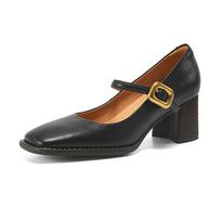 Krazing Pot Cow Skin Fashion Summer Spring Autumn Thick High Heels Metal Buckle Women  European Design Square Toe Pumps 35 juoda
