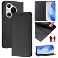 Prabangi odinė dėklas Huawei Pura 70/Nova 11/Nova12/Nova13/Nova Y90/Mate 60, blokuojantis RFID, su kortelių skyriumi, magnetiniu pritraukimu, stovu, smūgiams atspariu atlenkiamu dangteliu Huawei Mate 70 Pro Plus juoda