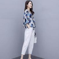 Fashion Suit Women's Summer Cotton and Linen Western Style Loose and Thin Casual Fashion Two-piece Suit XXXXL mėlyna