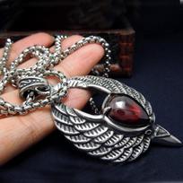 Gothic Style Inlaid Garnet Ruby Sweater Chain Necklace Pendant Bird Feather Shape Garnet Titanium Steel Fashion Natural Crystal Punk Pendants Necklace Style A（Steel Chain）