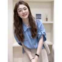 Loose-Fit Shirt with Hong Kong Style, Versatile and Comfortable, Women's Cuffed Blouse M mėlyna
