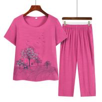 Summer Short-sleeved Suit, Middle-aged and Elderly Round Neck Printed Two-piece Suit, Loose and Casual M fuksija