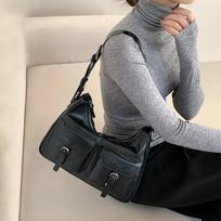Niche Textured Oil Wax Cowhide Motorcycle Bag Premium Vintage Multi-pocket Genuine Leather Shoulder Underarm Bag One Size juoda