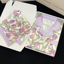 Moteriška violetinė „Tulip Ice“ šilko pižama – vasarinis ilgomis rankovėmis dviejų dalių komplektas namams ar laisvalaikiui L (100-115 jin) gray