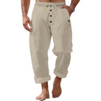 Men's Casual Linen Trousers Elastic Waist Drawstring Baggy Trousers Solid Color Loose Fit Summer Pants with Pockets for Beach Yoga Wear S chaki