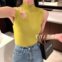 New Summer Half-turtleneck Sweater Hong Kong Style Hot Girl Sexy Off-shoulder Slim Sleeveless Halter Neck Vest Knitted Sweater One size