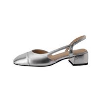 Huge Soft~ Retro Bag Head Sandals Women'S Thick Heel Summer Silver Middle Heel Elastic Band Square Head Mary Jane Shoes 35 sidabras