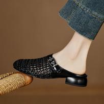 Krazing Pot Microfiber Mules Weaving Spring Summer Size 41 Thick Low Heels Women Round Toe Hollow Decoration Outside Slippers 35 juoda