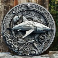 Shark & Mechanical Gears wooden Wall Sign, Scratch Resistant, Outdoor and Indoor Decor with Fish Design, Easy Hang 20x20cm 7.87x7.87in