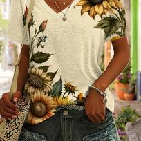 Vibrant Sunflower Graphic Butterfly 3D Printed Tee - Soft V-Neck Short Sleeve Summer Top for Women‘s  T-Shirts S