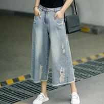 Woman Ripped Jean Summer Clothes Baggy Capri Pants Wide Leg Denim High Waist Loose Korean Reviews Many Clothes Women XXXL mėlyna