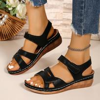 Size 43 Hook & Loop Back Strap Thick Bottom Sandals for Women Cross Hollow Embossed Pattern Leather Wedges Beach Shoes 36 juoda