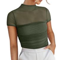 Women's Fashionable And Casual High Neck Double Layered Mesh Short Sleeved Top Short Sleeved Top L armijos žalia spalva