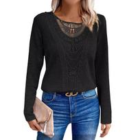 Solid Solor Lace Patchwork With Lace Round Neck Women's Long Sleeved T-Shirt For Women L juoda