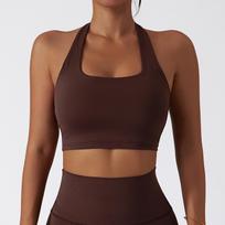 Women's Nude Quick-Dry Halter Neck Sports Bra - Shockproof & Gathered Design for Yoga & Running Large tamsiai ruda spalva