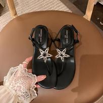 2024 Summer New Pentagram Rhinestone Buckle Clip Toe Thick Heel Sandals for Women Fashion Low Heels Beach Dress Zapatillas Mujer 34 juoda
