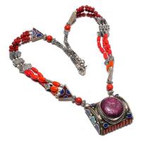 Natural Ruby(Simulated), Coral 925 Sterling Silver Jewelry Necklace 18  Y1p15