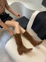 Khaki soft waxy boots western boots thick heel wide leg boots exotic mid boots cowboy boots stacking boots 35 ruda