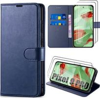 Coque et 2 Verres Trempés pour Google Pixel 9 Pro, Protection en Cuir PU Bleu Marine Antichoc Anti-Rayures