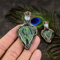 Ruby in Zoisite, Moonstone Gemstone Copper Wire Wrap Jewelry Pendant 2.25  z6M00
