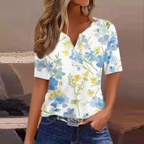 Women's T Shirt Print Button Short Sleeve Daily Weekend Fashion Basic V-Neck Regular Top L mėlyna