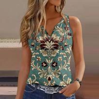 Women's Casual V Neck Printed Sleeveless Vest Tops Vest L armijos žalia spalva