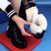 Leather wool snow boots fur integrated fleece thermal cotton boots winter Martin boots women's inner heightening thick-soled leather boots 34