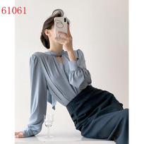 Haze Blue Satin Collarless Women's Shirt - Hollow Design, High-End Professional Spring 2025 Style. Double Extra Large