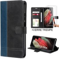 Case for Samsung Galaxy S21 Ultra with 2 Tempered Glasses, Full Shockproof Synthetic Leather Navy Blue