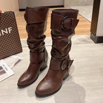 Women Boots Fashion Autumn PU Leather Boots Botas Female Stretch Black Roma Knee-Length Shoes Plus Size 35-43 Zapatos De Mujer 35 tamsiai ruda spalva