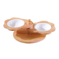 Ceramic Pet Food Double Bowls Heat Resisting Elevated Cat Dog Dishes Double Bowls Set with Wood