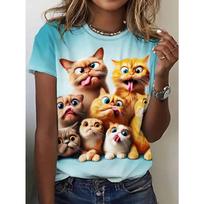 Vibrant Funny Cat Graphic Tee - Soft Ombre Crew Neck, Short Sleeve Summer Essential, Women's Casual Wear, Perfect for Cat Lovers XL mėlyna
