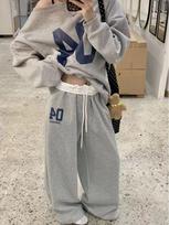 Grey Off-Shoulder Retro Print Sweatshirt and Wide Leg Pants Two-Piece Women's Tracksuit M