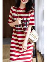 2024 Summer Striped Slim Fit T-shirt Dress - Women's Short-Sleeve, Medium-Length, Trendy Korean Style XL raudona