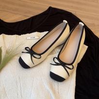 Sheepskin version~ Silver bow-tie ballet shoes for women's summer wear with half slippers and inner height-increasing light-mouth single shoes 34
