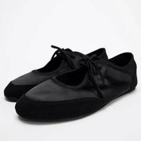 Black Lace-Up Women's Ballet Flats Comfortable Soft Satin Fabric Round Toe Ladies Autumn Shoes  Leisure Female Footwear 36 juoda