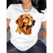 European size Women's Casual Short Sleeve T-Shirt with Cute Golden Retriever Graphic Print - Soft Stretch Round Neck Tee S balta