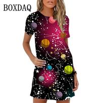 2026 New 3d Colorful Planet Printing Mini Dress Women Summer Short-sleeved Casual Fashion Elegant Round Neck Dress S