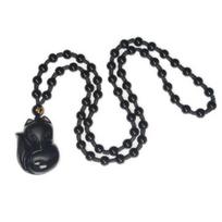Obsidian Carving Fox Amulet Pendant Bead Chain Necklace Unisex Jewelry Gift juoda