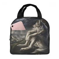 Emo White Wolf Sitting Sad Meme Insulated Lunch Bag for Kids School Cooler Thermal Food Box Tote Leakproof Lunch Boxes Container One Size gray