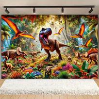 Prehistoric Jurassic Scene Wall Hanging, with vibrant rainforest plants, waterfalls, and sunlit trees 47.2x31.5inch/120*80cm
