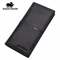 BISON DENIM mados natūralios odos vyriškos piniginės ilgos plonos dvipusės piniginės verslo vyriškos kortelės laikiklis piniginė juoda