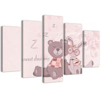 Penkių dalių paveikslėlių spausdinimas ant drobės Teddy Bear Pink Bunny 100x70 rožinė